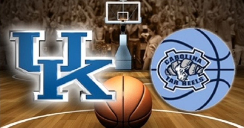 University of North Carolina and Univeristy of Kentucky team logos superimposed on a basketball court.